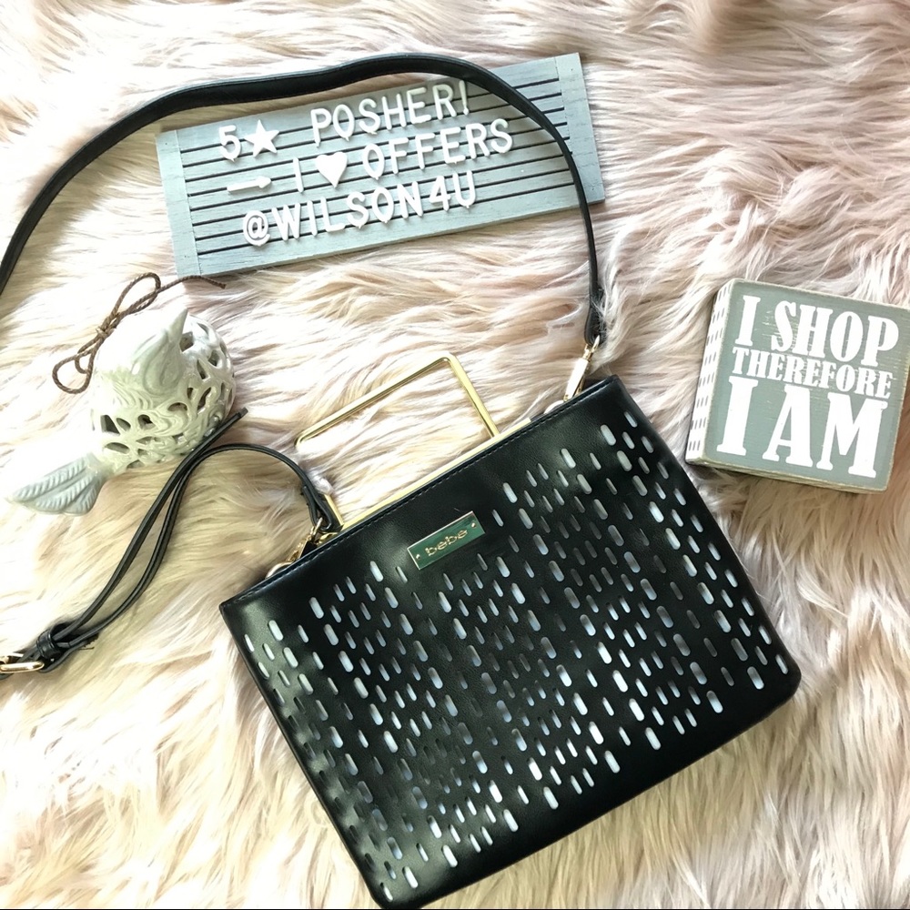 Bebe Marisa Vegan Leather Perforated Black/Gold Crossbody Bag